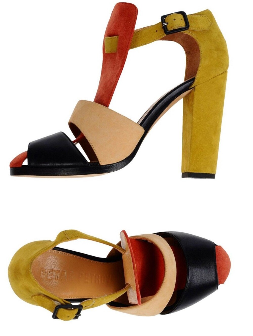 Petar Petrov Red, Black, Tan & Yellow Colorblock Suede-Heel Sandals